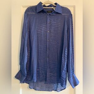 Versace Crocodile Effect Dévoré Silk Viscose Shirt Blue Size Large